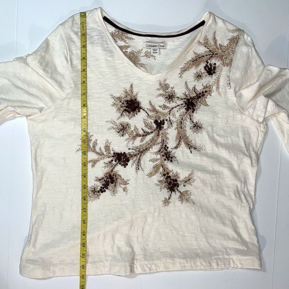 Coldwater Creek - Women's Size XL - Ivory Blouse With Flowers & Brown Squins - Picture 10 of 11